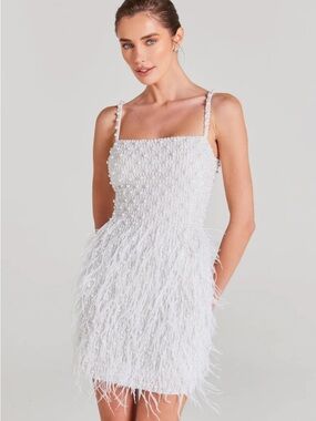 NADINE MERABI “Carrie” White Beaded Feather-Trim Mini Dress